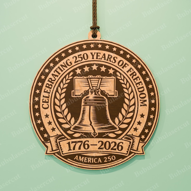 K&ouml;nnte beinhalten: Ein runder Holzschmuck, der 250 Jahre Freiheit feiert. Das Design zeigt die Freiheitsglocke, Lorbeerbl&auml;tter, Sterne und den Text "CELEBRATING 250 YEARS OF FREEDOM" und "1776-2026 AMERICA 250". Ein brauner Faden ist zum Aufh&auml;ngen befestigt.