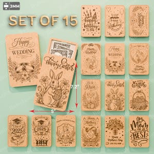May include: A set of 15 wooden gift card holders with various engraved designs. Includes "Happy Wedding", "Happy Easter", and "Happy Birthday" themes. The open Easter card is 7.2 inches tall and 5 inches wide.