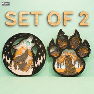 Wolf Paw meerlaagse 3D SVG, huilende wolf maan scène gelaagde lasergesneden bestand, dieren in het wild dier hout teken decor voor rustieke hut cadeau /B150