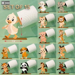 Könnte beinhalten: Set aus 15 dekorativen Toilettenpapierhaltern mit verschiedenen Zeichentricktieren, darunter eine Ente, ein Schaf, ein Elefant, eine Katze, ein Löwe, ein Schwein, eine Giraffe, ein Bär, ein Hund, ein Kaninchen, ein Reh, eine Kuh, ein Panda, ein Pferd und eine Ameise. Jeder Halter ist ca. 19 cm breit und 20-25 cm hoch.