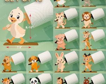 Paquete de archivos SVG de soportes para papel higiénico con forma de animales divertidos, archivo de corte láser para decoración de baño infantil, soporte para papel higiénico de guardería, patrón de madera para bricolaje /B576