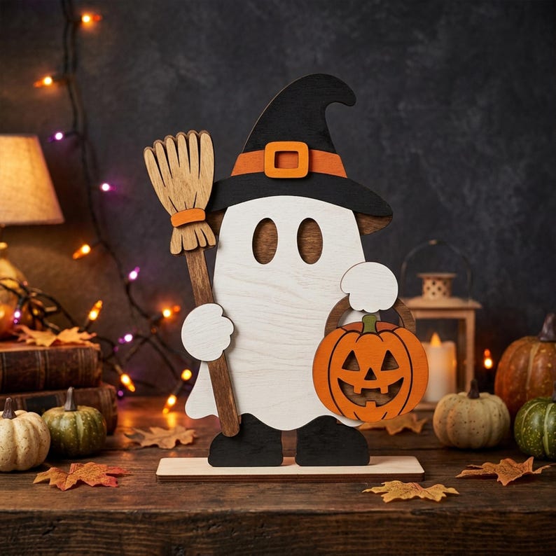 May include: A wooden cutout decoration featuring a white ghost wearing a black witch hat with an orange band. The ghost holds a brown broom in one hand and an orange jack-o'-lantern bucket in the other, all mounted on a flat rectangular base.