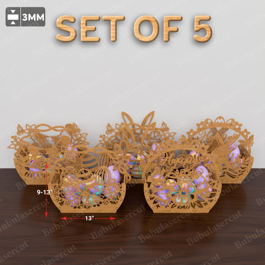 Pack 5 Easter Basket Laser Cut File, Happy Easter Easter Egg Basket ...