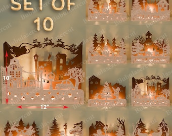 Christmas Scene Candle Holder Set Of 10, 3D Layered Winter Village Light Decor, Santa Reindeer Snowman Design For Wood Laser Cut /B302