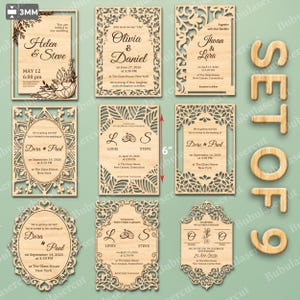 May include: A set of nine laser-cut wooden wedding invitations with intricate floral and geometric designs. Each invitation features names, dates, and times, with a 6-inch height measurement. The set includes the words "SET OF 9".