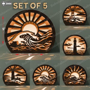 Conjunto de 5 lanternas de farol SVG, arquivos cortados a laser com ondas do mar, decoração de pôr do sol em 3D, enfeite de madeira náutico, tema de praia SVG /B134