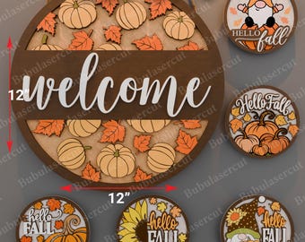 Fall Welcome Sign Bundle, Hello Fall Round Door Hanger, Pumpkin and Sunflower Autumn Sign Set, Rustic Farmhouse Fall Decoration /P449