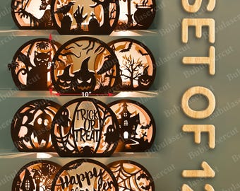 Halloween Lantern SVG Bundle, Set of 12 Mini Round Light Box Designs, Spooky Laser Cut Files for Fall and Haunted Decor /B177