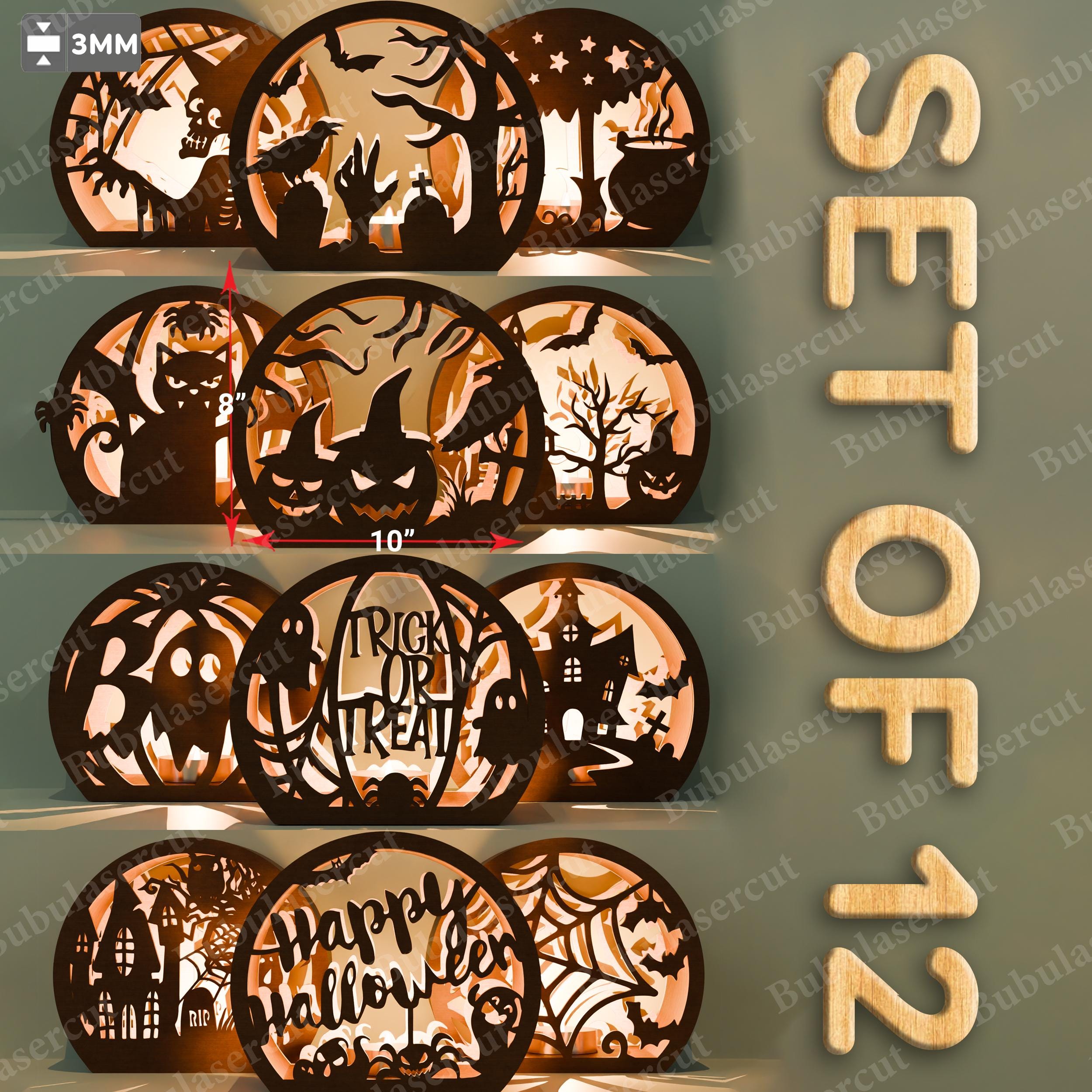 Halloween Lantern SVG Bundle, Set of 12 Mini Round Light Box Designs, Spooky Laser Cut Files for Fall and Haunted Decor /B177