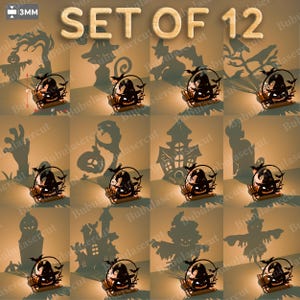 May include: A set of 12 Halloween-themed metal candle holders. Each holder features a jack-o'-lantern design with a witch's hat and bats, casting shadows of various spooky figures. The text "SET OF 12" is displayed at the top.