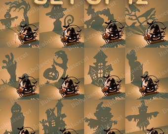 Halloween Shadow Candle Holder SVG Set of 12, Witch Ghost Pumpkin Spooky Scene Projector Lantern Laser Cut Files for Creepy Decor /B182