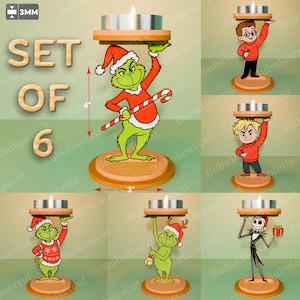 May include: Set of 6 wooden candle holders featuring cartoon characters. Each holder has a round base and a platform for a candle. The characters include the Grinch, a boy, and Jack Skellington, all holding the candle platform. The Grinch holders have a 4-inch height.