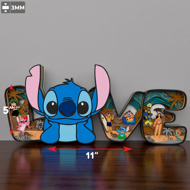 May include: A wooden 'LOVE' sign with a blue Stitch character from Lilo & Stitch. The sign is decorated with a beach scene, palm trees, and other characters from the movie. The sign is 11 inches wide and 5 inches tall.