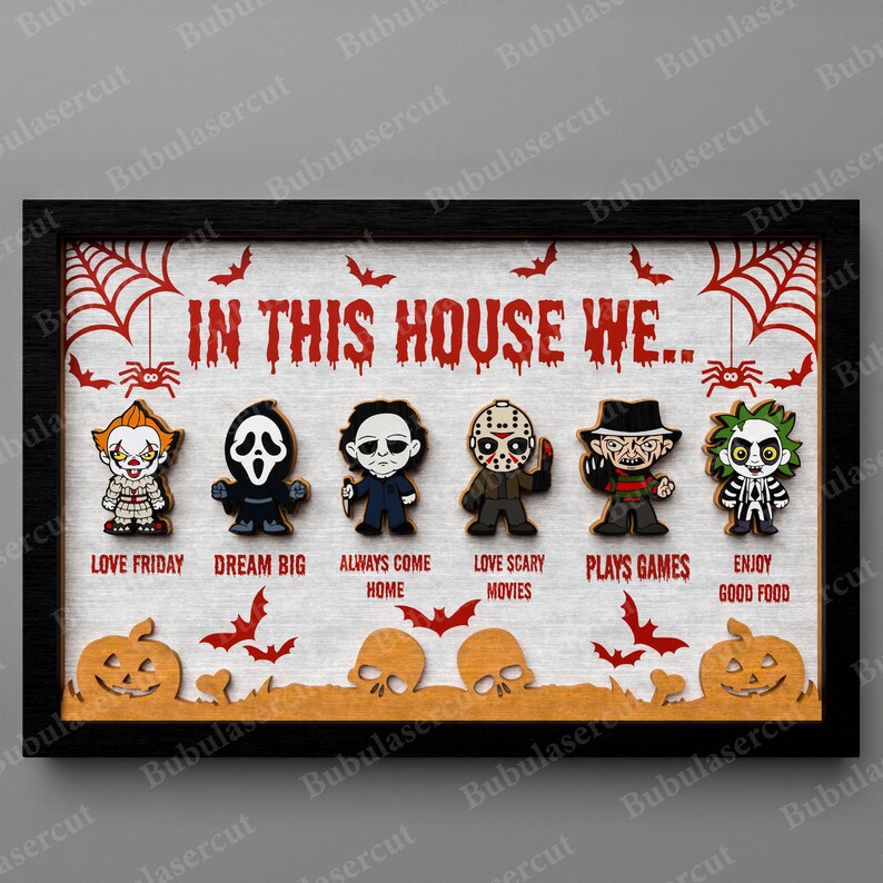 Plaque de porte Halloween horreur découpée au laser, plaque de porte d'Halloween, horreur d'Halloween, dans cette maison, nous horreur, Halloween Glowforge, porte d'Halloween, P267 image 9