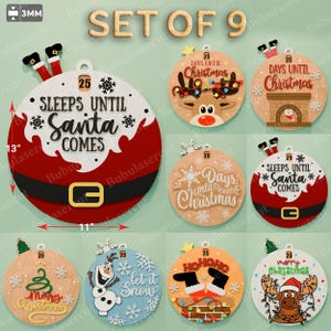 May include: A set of nine Christmas ornaments. The ornaments are round and feature various festive designs, including Santa's suit, reindeer, a snowman, and a Christmas tree. The largest ornament is 11 inches wide and 13 inches tall.