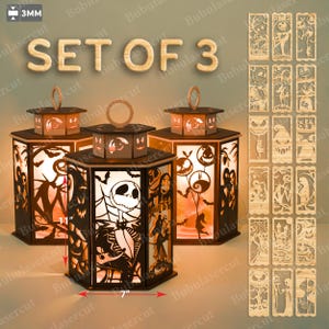 May include: A set of three wooden Halloween lanterns with detailed cut-out designs. Each lantern has a hexagonal shape, a handle, and a base measuring 17.78 cm. The designs feature Jack Skellington and other spooky characters. Additional cut-out panels are included.