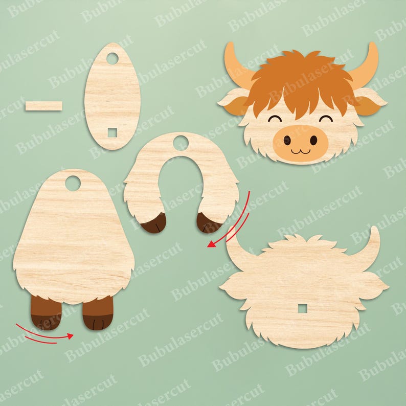 May include: Wooden Highland cow craft kit with separate pieces for assembly. The kit includes the cow's head, body, legs, and horns. The cow's face has a light brown nose and a smiling mouth. The horns and legs are brown.