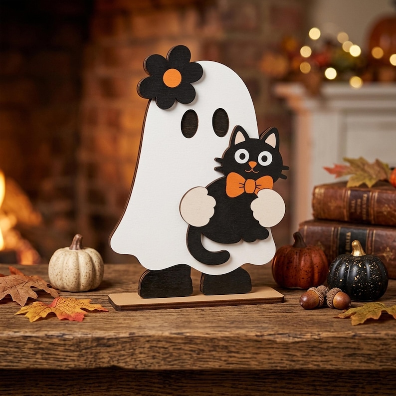 May include: A white wooden ghost cutout standing on a rectangular base, featuring a black flower with an orange center on its head. The ghost holds a black cat with white eyes and an orange bow tie, with black feet visible at the bottom of the figure.