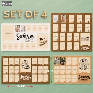 May include: A set of four wooden graduation photo frames. Each frame has spaces for photos and grade levels. One frame is 40.6-48.3 cm wide and 27.9-38.1 cm tall. The frames are personalised with names and graduation year.