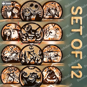 May include: A set of 12 Halloween-themed, laser-cut wooden light boxes. Each box features a different design from "The Nightmare Before Christmas," including Jack Skellington, Sally, and other characters. The boxes are approximately 8 inches in height and 10 inches in width.