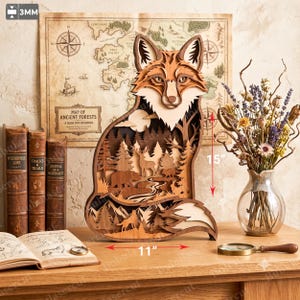 May include: A multi-layered wooden fox sculpture featuring a forest scene with a deer, bear, and wolf. The piece measures 15 inches in height and 11 inches in width, with a 3mm thickness. The design includes intricate cutouts of trees and wildlife.