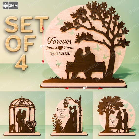 Personalized Wedding Couple Silhouette SVG, Forever Love Tree Sign, Anniversary Romance Decor, Custom Name Date Laser Cut Design /B440
