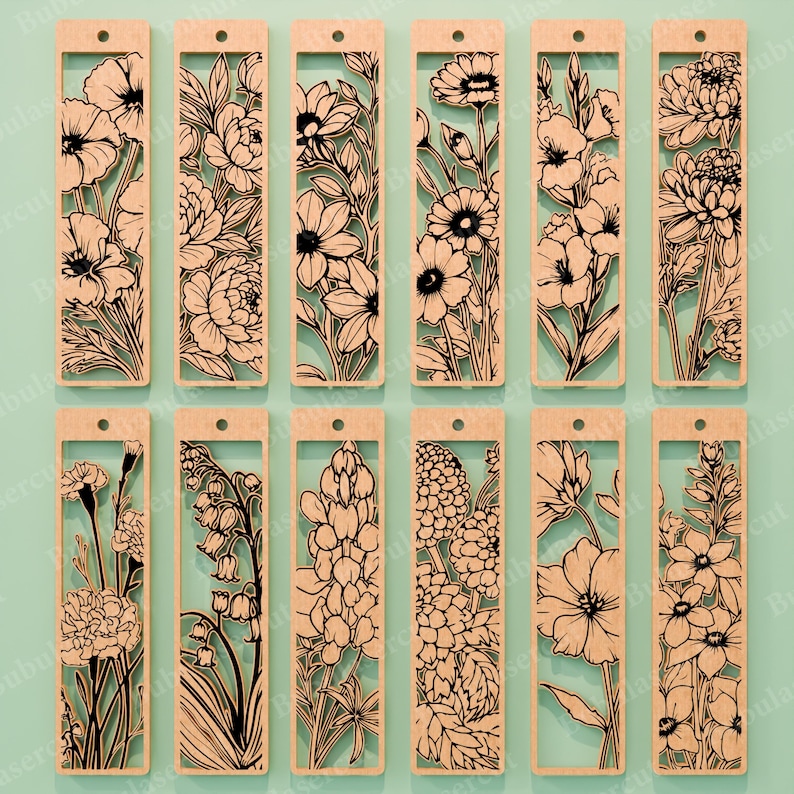 May include: A collection of twelve wooden bookmarks with intricate floral designs. Each bookmark features a different flower, laser-cut with detailed lines and shapes. The bookmarks have a rectangular shape with a small hole at the top for a tassel or string.
