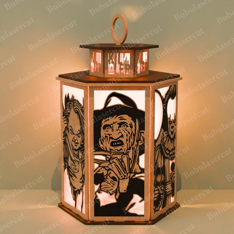 May include: A wooden Halloween lantern with laser-cut panels featuring horror movie characters. The lantern has a hexagonal shape with a handle and a top section with the word "KILLER" cut out. The panels depict Freddy Krueger, Chucky, and other characters.