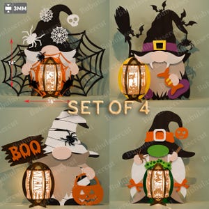 Pacchetto di 4 file SVG di lanterne di gnomi di Halloween, file di taglio di luci di zucca di ragno mummia strega per decorazioni autunnali per portici di casa /B180
