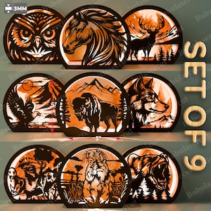 Wildtier-Laterne SVG-Set 9, geschichtete Laser-Schnitt-Tierlaternen mit Wolf, Bär, Pferd, Hirsch, Eule, Bison, Wildschwein, rustikales Dekor / B147