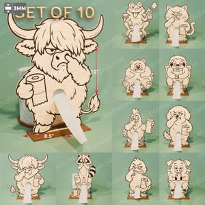 Puede incluir: Juego de 10 portarrollos de papel higiénico de madera, cada uno con un diseño de animal diferente. La vaca de las Highlands mide 25,4 cm de alto y 21,6 cm de ancho. Otros animales incluyen una rana, gato, oso, perezoso, pollo, perro, mapache, pato y cerdo.