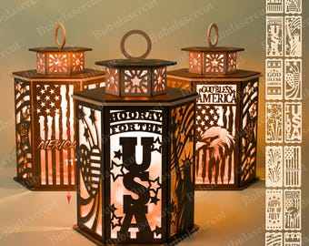4. Juli Laterne SVG Bundle, gebrochenes USA Papierschnitt Laterne Design, Unabhängigkeitstag Laser Cut Dateien für Holz oder Karton Dekor /B151