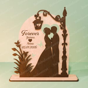 Personlig bröllopspar silhuett SVG, För evig kärlek trädskylt, årsdag romantik dekor, anpassad namn datum laserskuren design /B440 bild 11