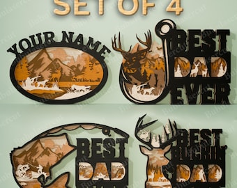 May include: Set of four wood cutouts with a nature theme. The cutouts feature a deer, a fish, a hook, and a mountain scene. Each cutout has the text "Best Dad Ever" on it. One cutout has a space for a name to be added.