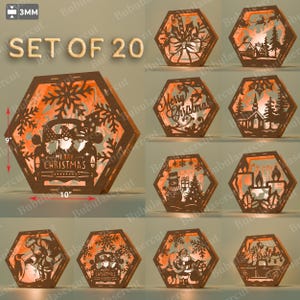 May include: Set of 20 laser-cut wooden Christmas decorations. Each hexagonal piece is 9 inches tall and 10 inches wide. Designs include Santa, snowflakes, and the text "Merry Christmas".