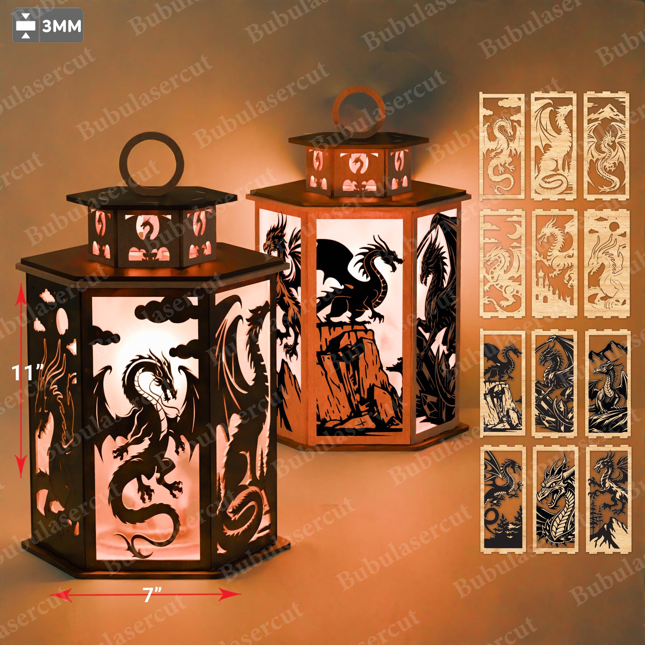 Dragon Lantern Laser cut File | Fantasy Laser Cut Lantern File for Glowforge, 3D Fire Breathing Dragon Decor for Night Light /B136