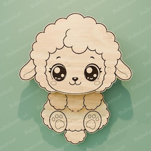 May include: A wooden sheep-shaped cutout with a cute design. The sheep has large, expressive eyes, a fluffy head, and paws. The cutout is made of light-colored wood and is suitable for crafts or decorations.