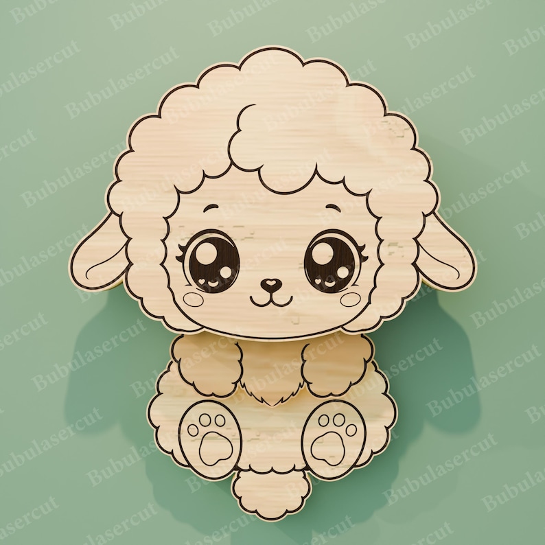 May include: A wooden sheep-shaped cutout with a cute design. The sheep has large, expressive eyes, a fluffy head, and paws. The cutout is made of light-colored wood and is suitable for crafts or decorations.