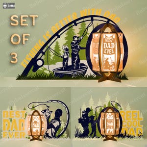 Angeln mit Vater und Tochter SVG Bundle, 3 Layered Laser Cut Designs mit Laterne und Zitat Schildern, Geschenkidee für den besten Vater aller Zeiten / B164