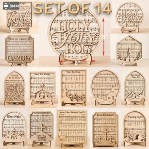 May include: A set of 14 laser-cut wooden hymn signs, each featuring sheet music and thematic cutouts. The central circular sign measures 8 inches in diameter. Each piece is mounted on a small wooden stand, displaying various religious titles.