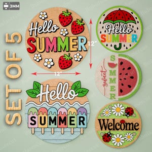 Fichier découpé au laser pour affichettes de porte d'été | Panneaux ronds en bois d'été Panneaux de bienvenue d'été Décorations de porte d'été Panneau de bienvenue d'été Bonjour / B98