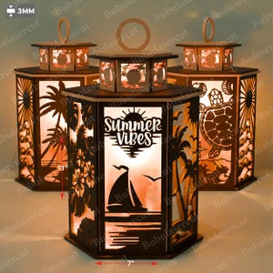 Conjunto SVG de faroles de verano, faroles tropicales de playa 3D cortados con láser con diseños de velero, palmera, tortuga, hibisco y atardecer /B174