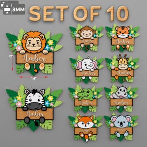 Letrero personalizado con nombre de bebé cortado a láser, redondo, con animales de la jungla, para habitación infantil, regalo para decoración de habitación infantil, P705
