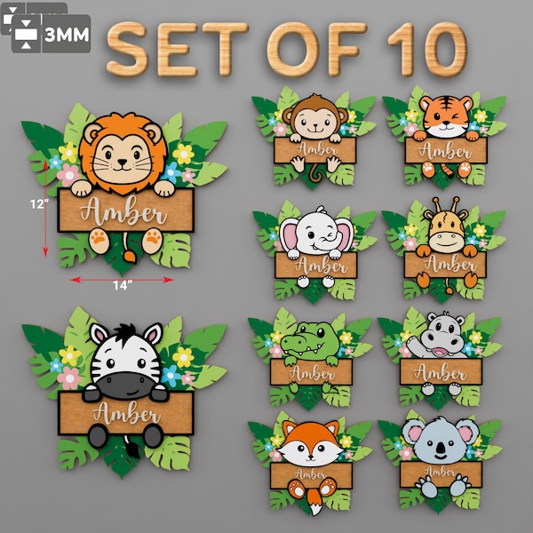 Letrero personalizado con nombre de bebé cortado a láser, redondo, con animales de la jungla, para habitación infantil, regalo para decoración de habitación infantil, P705