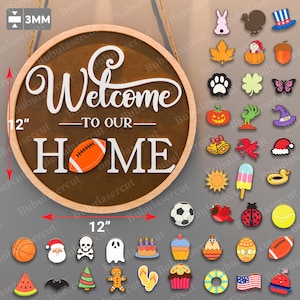 Letreros redondos de bienvenida a nuestra puerta de casa, letreros de bienvenida de temporada, decoración del hogar de temporada, colgador de puerta redondo SVG, archivos cortados con láser Glowforge, P452