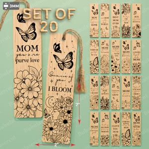 May include: A set of 20 wooden bookmarks with laser-cut designs. The bookmarks feature butterfly and floral motifs, along with inspirational quotes. Each bookmark is approximately 7 inches long and 2 inches wide.