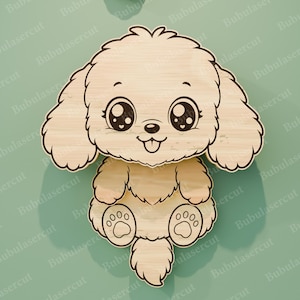 May include: Wooden laser-cut puppy with large, expressive eyes and a playful tongue. The light-colored wood grain adds texture to the cartoon-style design. The puppy is sitting with its paws visible, and the background is a solid teal color.