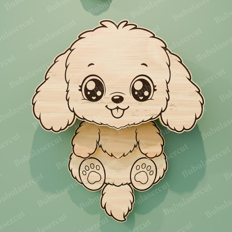 May include: Wooden laser-cut puppy with large, expressive eyes and a playful tongue. The light-colored wood grain adds texture to the cartoon-style design. The puppy is sitting with its paws visible, and the background is a solid teal color.