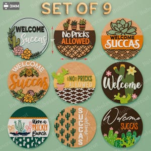 Sappig welkomstbord set van 9, grappige cactus ronde houten bord bundel, gelaagde lasergesneden SVG-bestanden voor rustiek interieur en doe-het-zelf ambachten /B199
