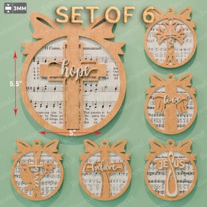 Christian Cross Ornament Set Of 6, Bible Hymn Background Faith Hope Love Jesus Design, Religious Christmas Decor For Wood Laser Cut /B308